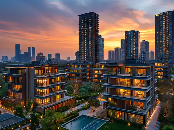 Langley real estate community with modern residential towers at sunset